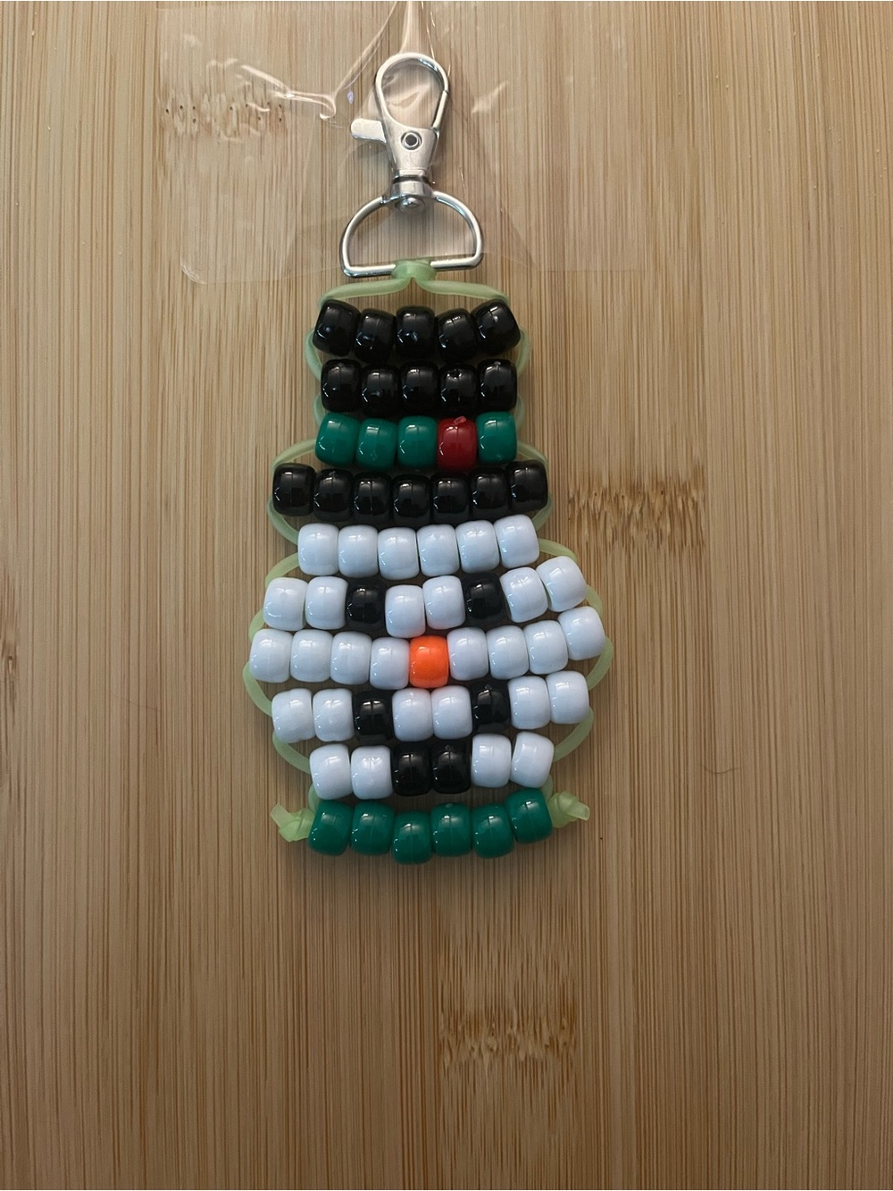 Beaded Snowman Keychain - Black, White, Green